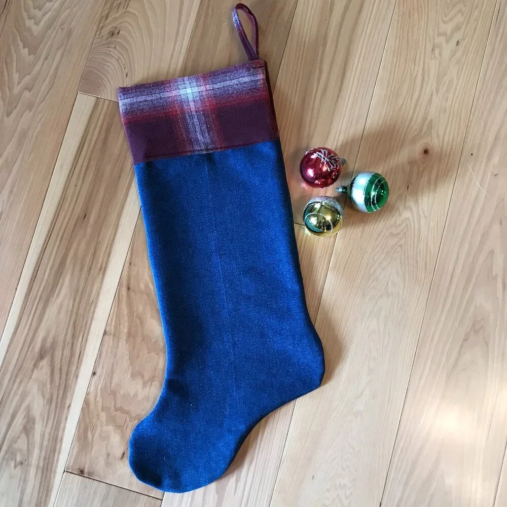 Denim Christmas Stocking Lake House Christmas Decor, Boating Fishing Applique